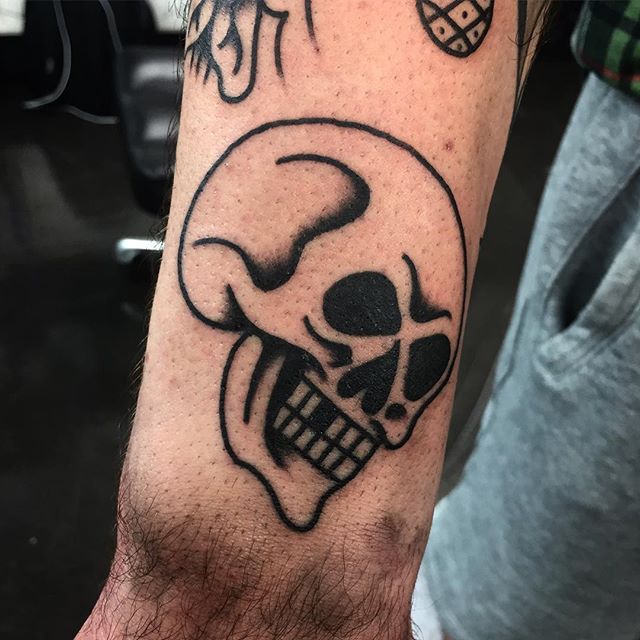 Grey shaded skull tattoo on right hand