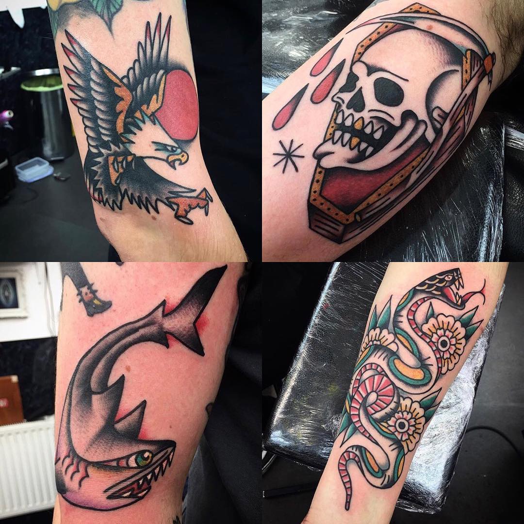 Straight up full colour traditional by @rvltattoo go give him a follow. bold solid colour oldschool lines traditional scotland boldwillhold edinburgh tattoo traditionaltattoo skull eagle snake america sailorjerry tattoosuppliesuk reaper studioxiii