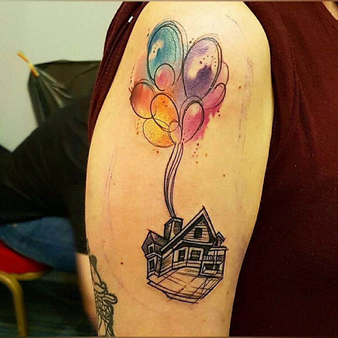 Beautiful balloon and house ink work by Clare LaLa Lambert created with  magnumtattoosupplies tattooing disne  Balloon tattoo Disney tattoos  Sleeve tattoos