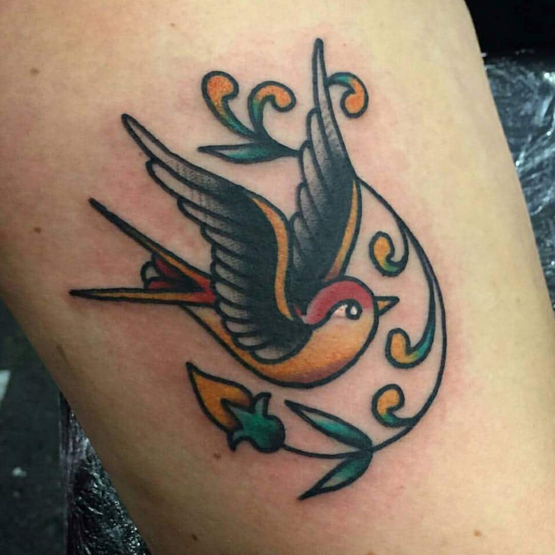 A beautiful, traditional swallow tattoo by our :) Go give him a follow for  more! ⋆ Studio XIII Gallery