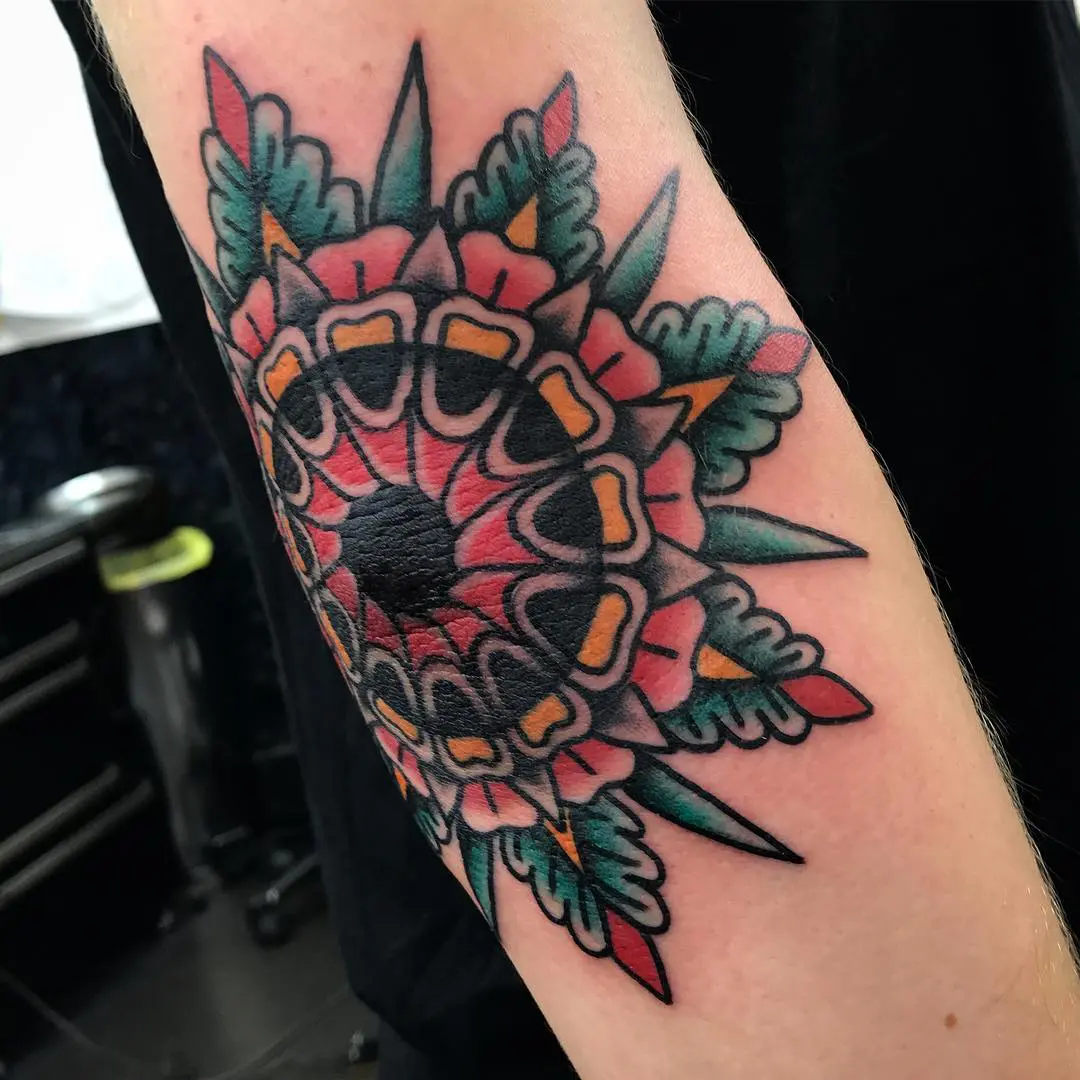 Black Ink Dotwork Flower Tattoo Design For Elbow By Valentin Hirsch