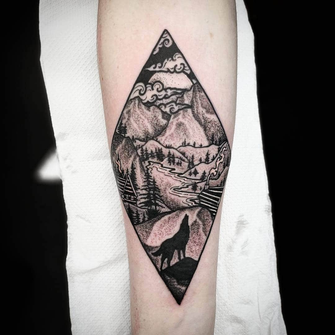 Diamond Mountain Dotwork Tattoo Design – Tattoos Wizard Designs