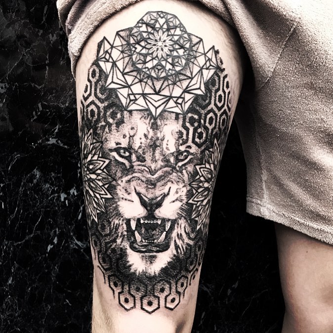 HaTattooist  Finished a piece from over a year ago  Lion with mandala  and blue eyes Thanks Rick    rockandinktattoo liontattoo  lionmandalatattoo lionblueeyes lionking lion mandala mandalatattoo  lionpiecetattoo mandalapiece 