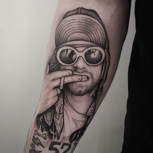 This amazing detailed Kurt Cobain tattoo using only starbritecolors was  done by artist hanspicotattoo  Click Direct link in bio to  Instagram  post from Starbrite Colors starbritecolors