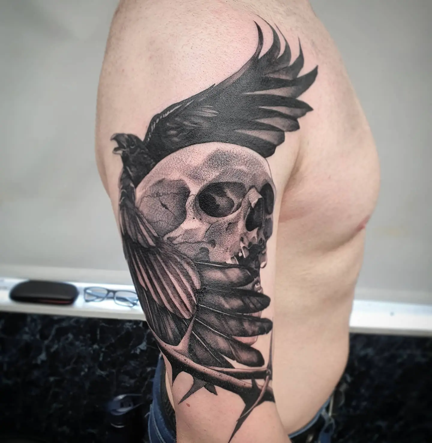 Raven skull done by Tyler Nguyen out of My Little Needle Tattoos Plymouth  MI  rtattoos