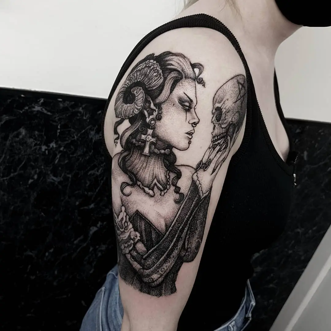 The Demoness 💀 Thanks Melissa, looking forward to our next addition to this spooky sleeve 🖤 I'm having trouble with Gmail at the moment, if you haven't had a reply the last few days I'll be with you as soon as I can! 🖤 email goatskullshirleygmail.com with your ideas
.
.
.
.
.
.
.
.
                        artesobscurae occultarcana thedarkestwork onlythedarkest black_tattoo_culture darkartists wiccac