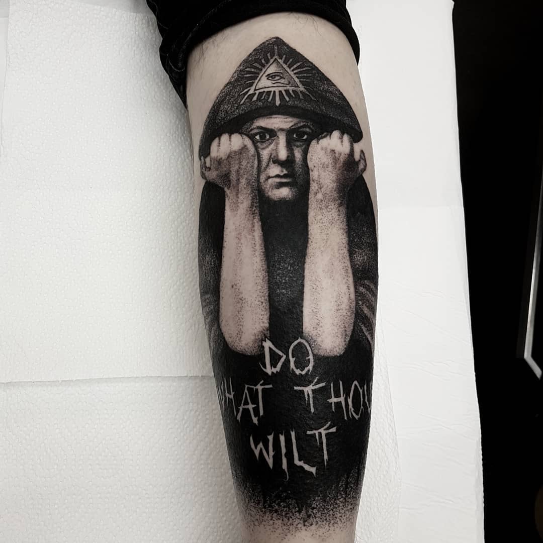 Aleister Crowley portrait 💀last tattoo of 2020 for the absolutely smashing Jack 🖤 I'll be getting in touch with everyone who has emailed over the last few days after Xmas, currently not taking on new appointments as we are waiting to get an announcement for officially opening again.  Keep taking care all, can't wait to get back to tattooing again! 🖤💪🤘
.
.
.
.
.
.
                          artesobscurae occultarcana thedarkestwork onlythedarkest black_tattoo_culture darkartists wiccac darkartistries