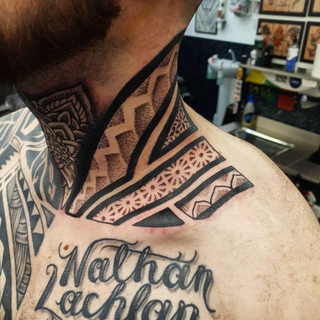 Geometric tribal neck and throat for tough as fuck Keiran kmeeks31 , always  blows my mind 🤯💪 thank y ⋆ Studio XIII Gallery