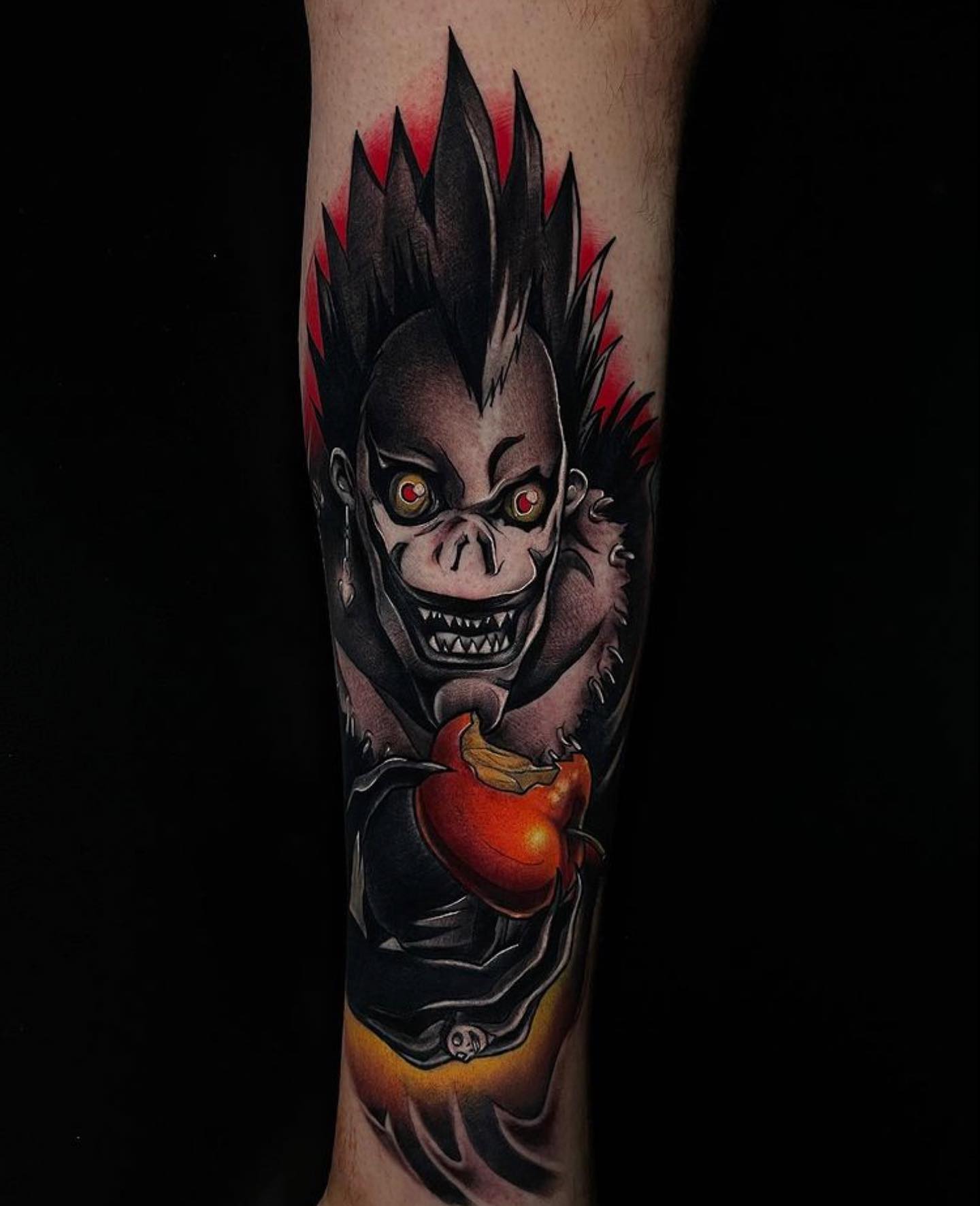 youngcaviartattoo showing off his versatility with this amazing colour piece of Ryuk🍎
•
Omar is currently full for full day sessions just now but he does have some space for small pieces between now and June. If you’d like to book, please contact him for all enquiries 💕
•
             