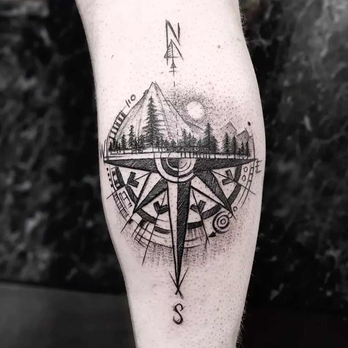 Sketchy compass piece on the back of the calf by our resident Matias    matntatau If you would like to get tattooed by Matias then please  message him directly for a