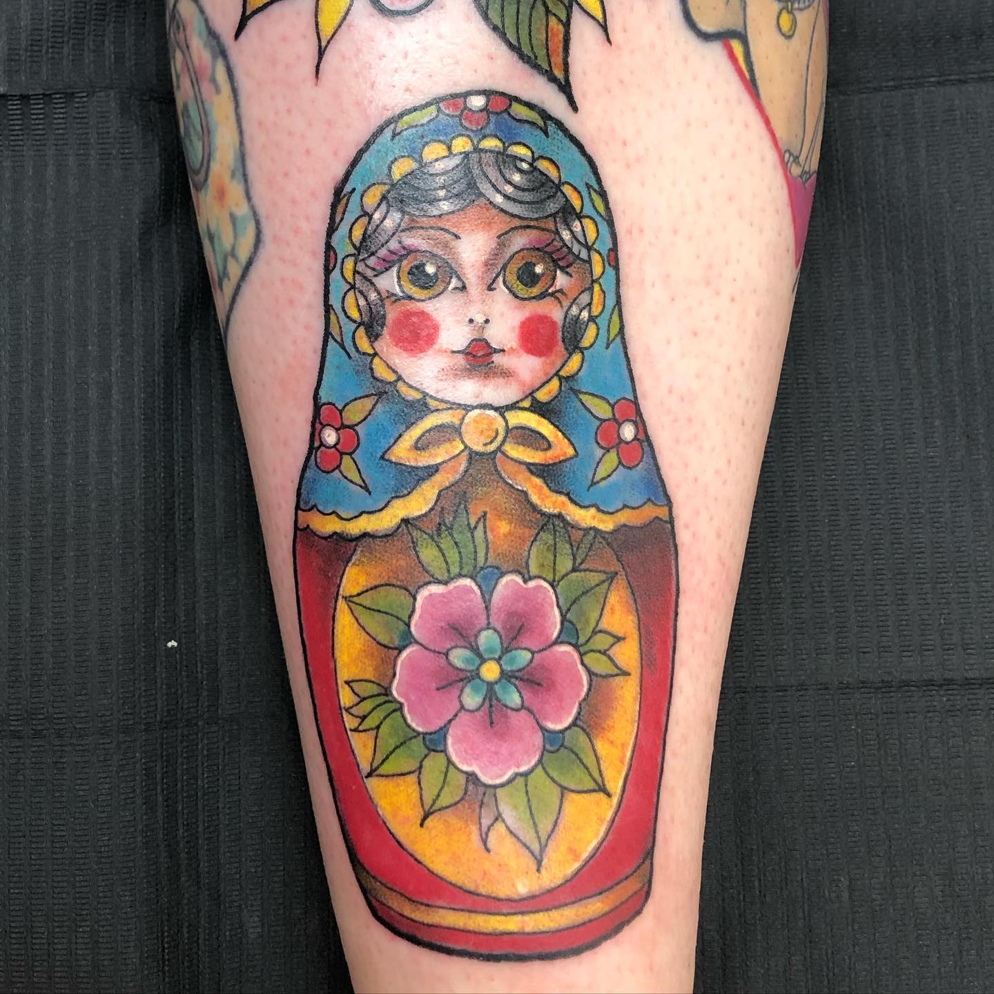 Russian Doll to add to Loretta’s collection. Super tough for front of the shin and 4 tattoos in one day. 

                    
