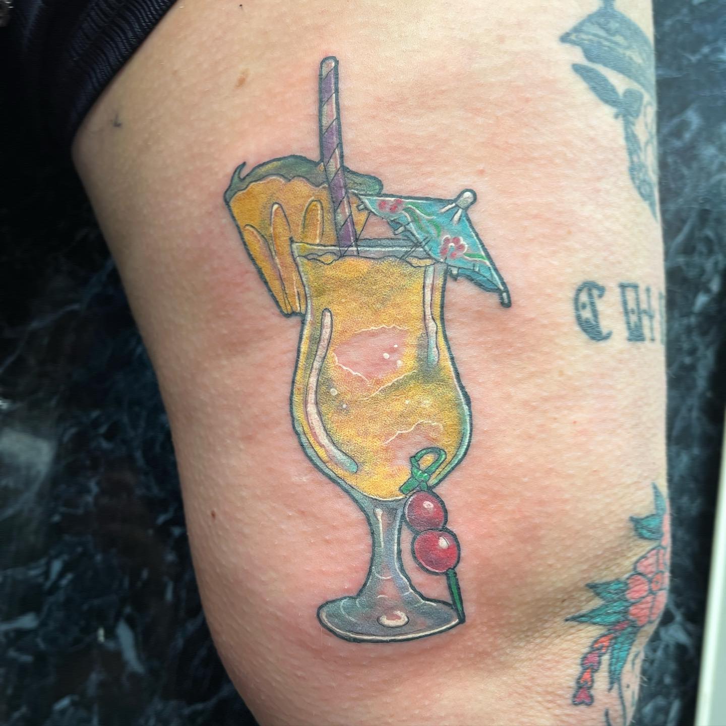 If you like pina coladas! Had the best time with Fi, this is one of two we did, each on the inside of the thigh. Ouch! Thank you for sitting so well and always a pleasure to see you. 

                  

food.tattoos neotraditionaltattooers neotraditionaleurope edinburghtattoos