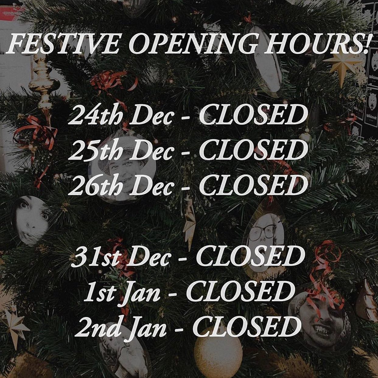 We’ll be closed for a few days over Christmas and New Year because tattoo artists & piercers are real people too 🎅

However we’re open on those awkward days inbetween if you’re looking for something to do that isn’t eating toblerone and drinking mulled wine 🎄✨

If you want to get tattooed, fill out the tattoo enquiry form on our website 💫

 