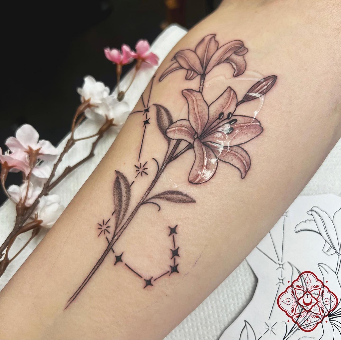 Lilies + Scorpio constellation ♏️🫶🏻
Thanks dear Denise Swift! 🤍
Done at studioxiiigallery 
•
•
•
•
•
•
•
•
•
            