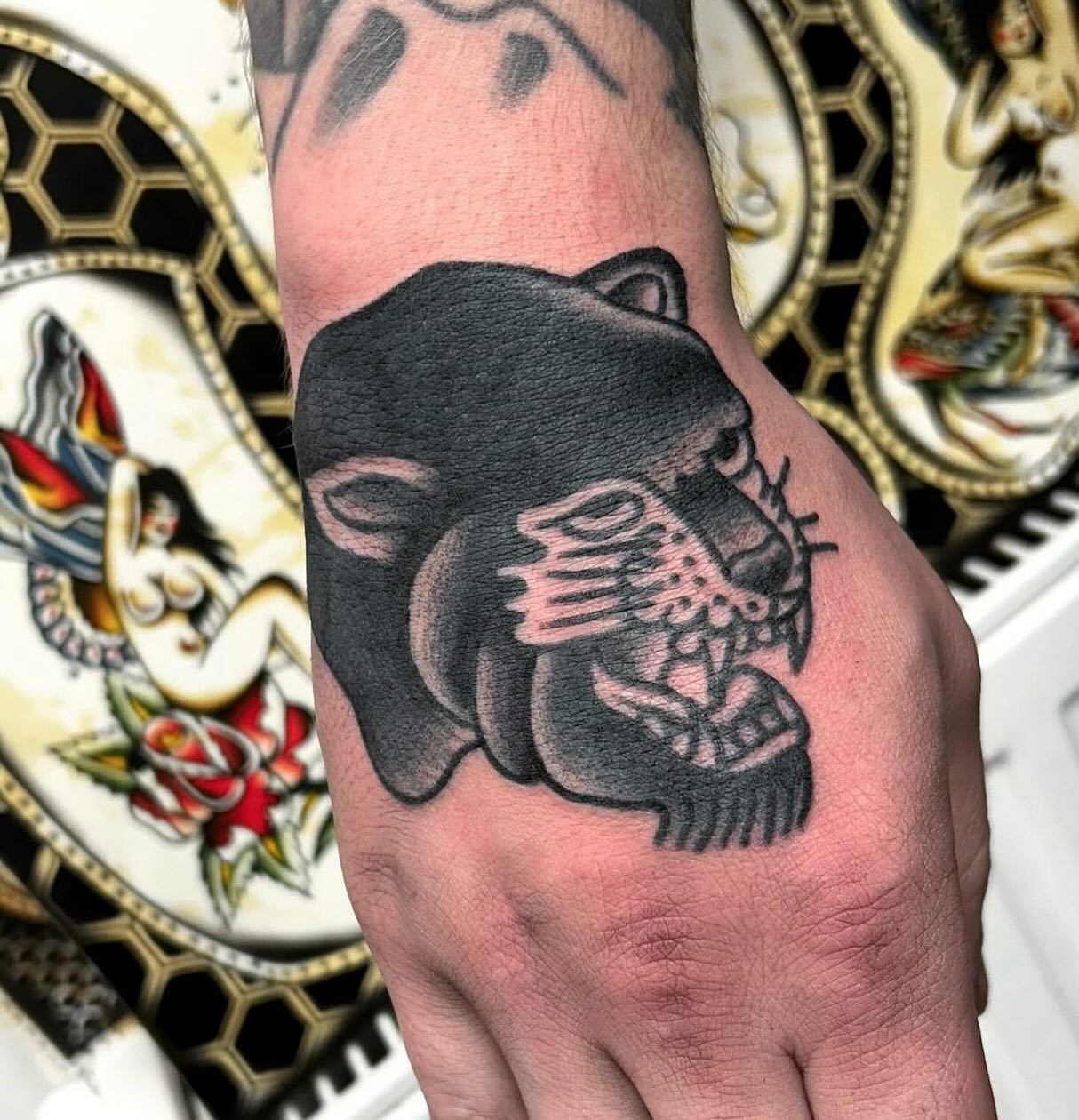Fun traditional jaguar from our very own carnigold 🖤 

Please fill out an enquiry form on our website or dm carnigold directly to get booked in🌹

                         totaltattoo barber_dts easytattoo_uk eternalink dynamiccolor lockdownneedle stencilstuff