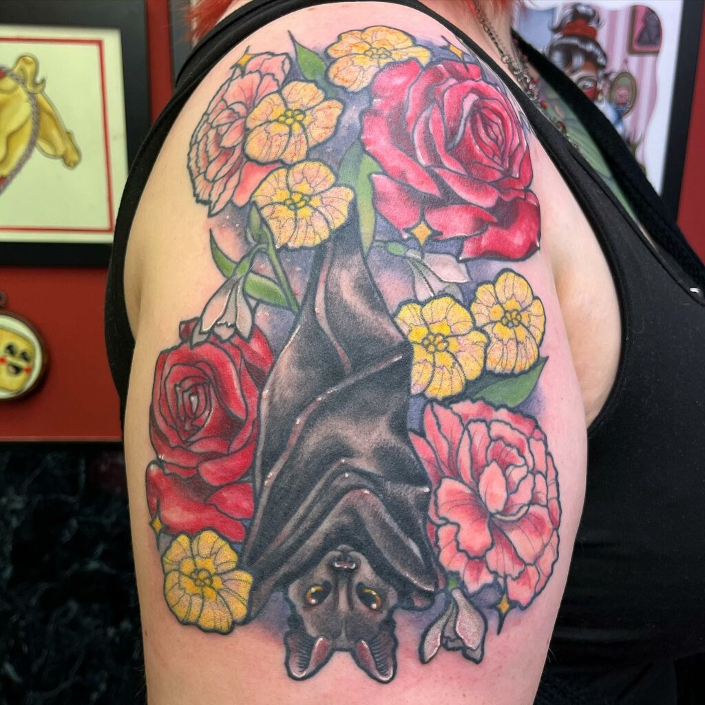 Lines and black healed, colour fresh. Always love to tattoo a bat! Hit