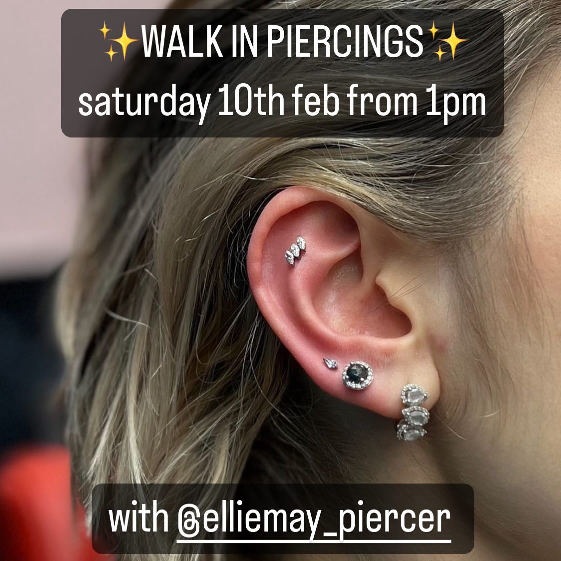 WALK-IN PIERCINGS • SATURDAY 10TH FEBRUARY 
 
Our elliemay_piercer will be taking walk-in piercings TODAY 10TH FEBRUARY from 1PM!

If you missed out on the fun yesterday, pop in today! 
First come, first served. 🩷

sarah_gregory13 ‘s appointments running as usual ✨

                       